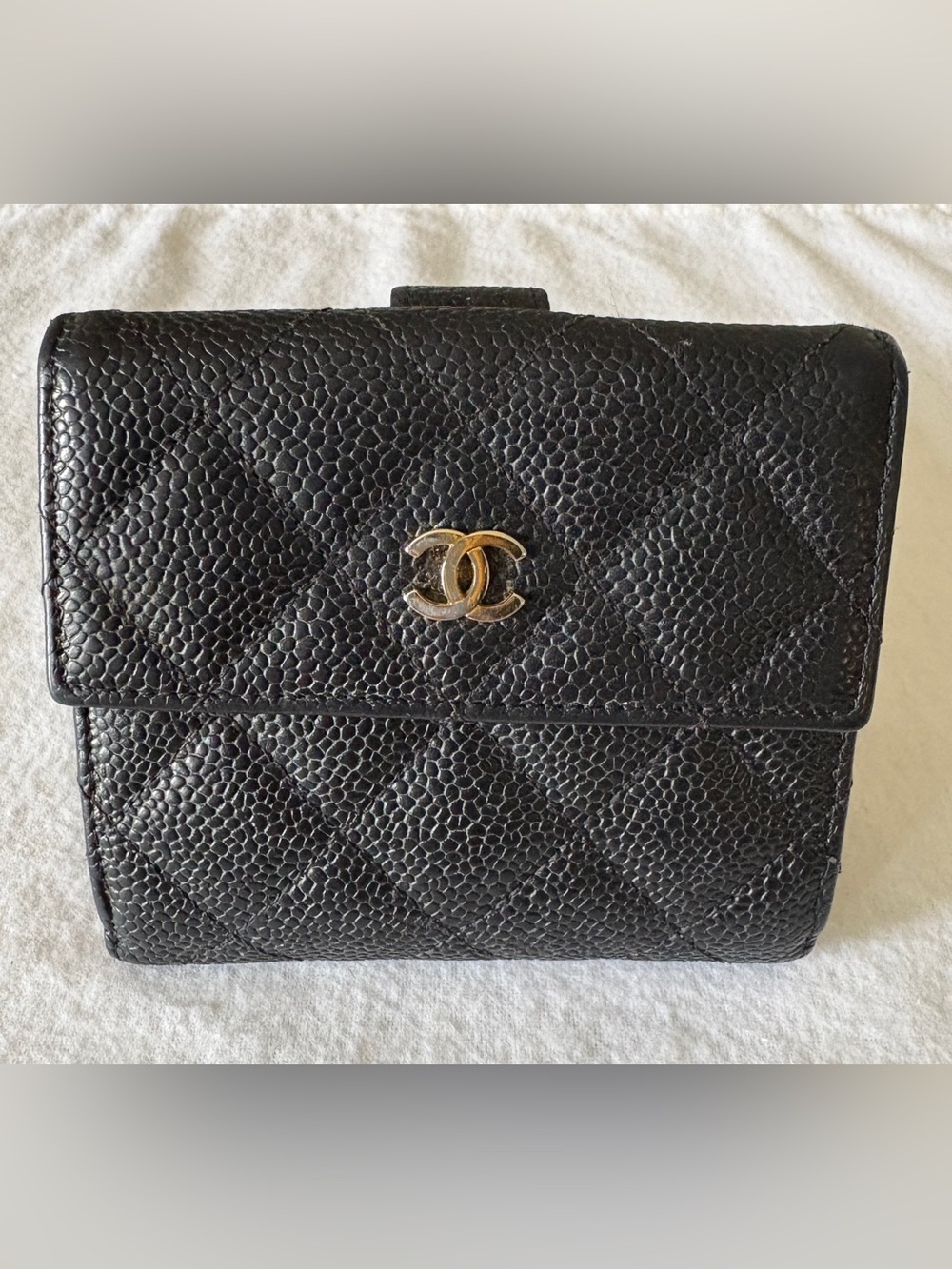 Authentic CHANEL Black Quilted Caviar Wallet With Gold CC Burgundy Interior